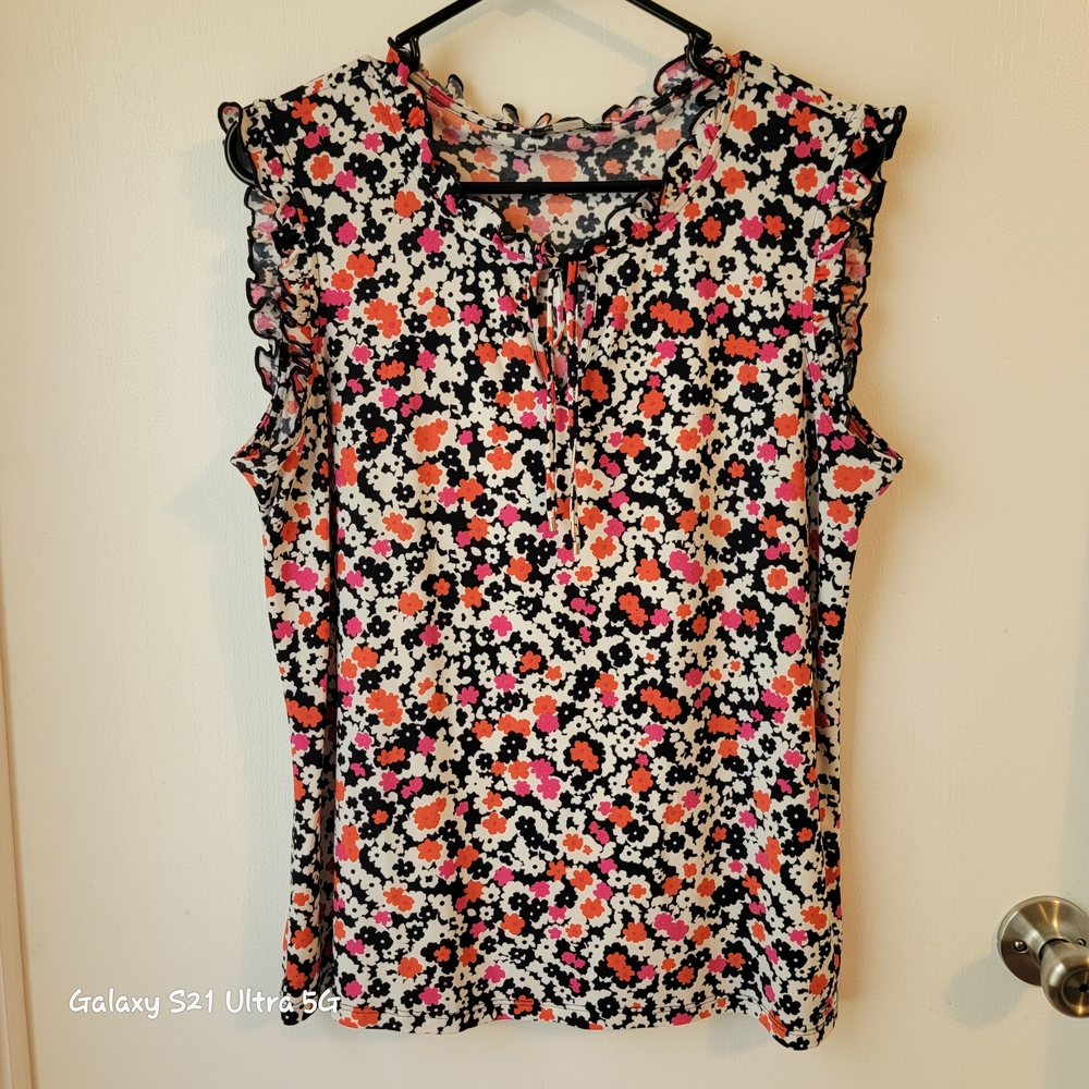 Tommy Hilfiger Floral Ruffle Top - Black, White, Pink, Orange